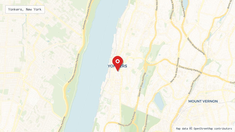 Street map of Yonkers, New York with location pin