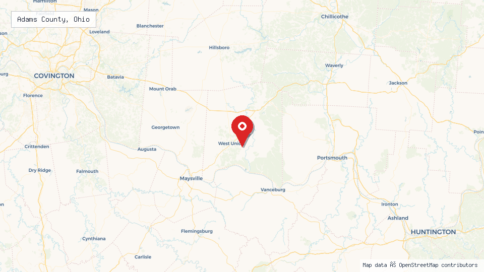 Street map of Adams County, Ohio with location pin