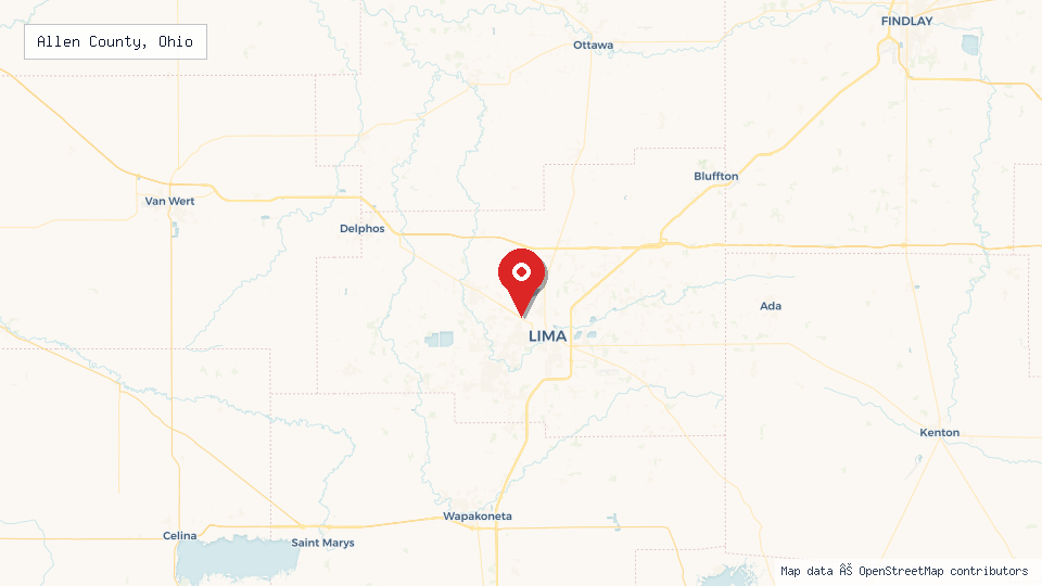 Street map of Allen County, Ohio with location pin