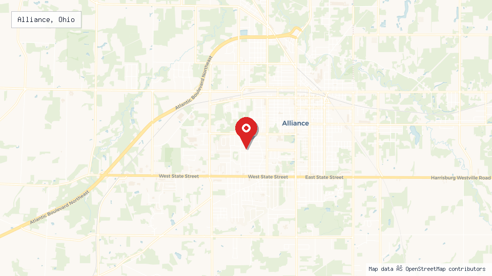 Street map of Alliance, Ohio with location pin