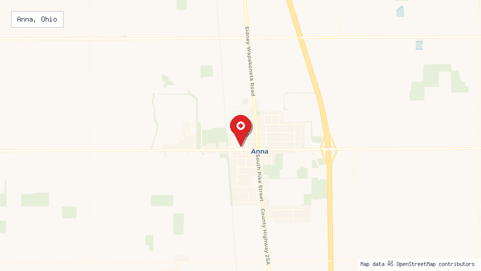 Street map of Anna, Ohio with location pin