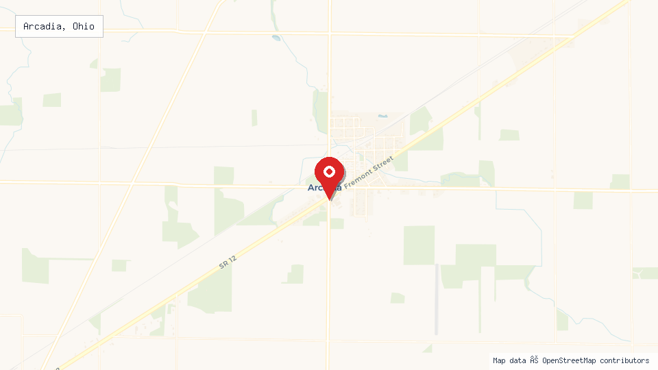 Street map of Arcadia, Ohio with location pin