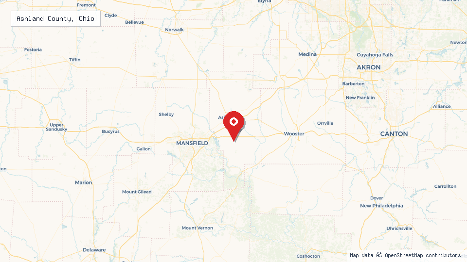 Street map of Ashland County, Ohio with location pin