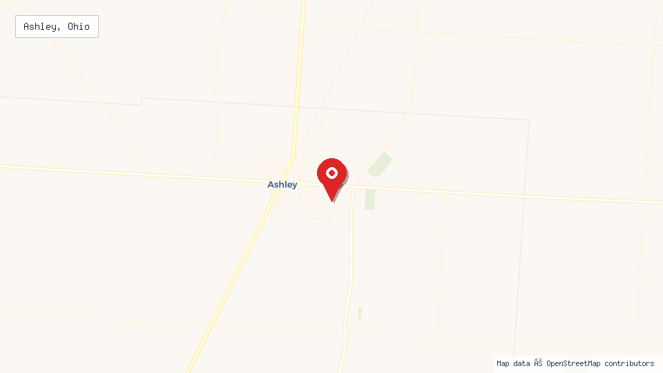 Street map of Ashley, Ohio with location pin