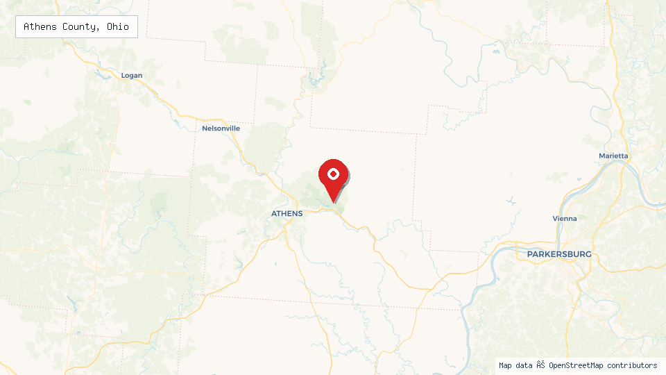 Street map of Athens County, Ohio with location pin