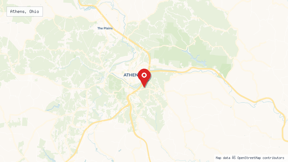 Street map of Athens, Ohio with location pin