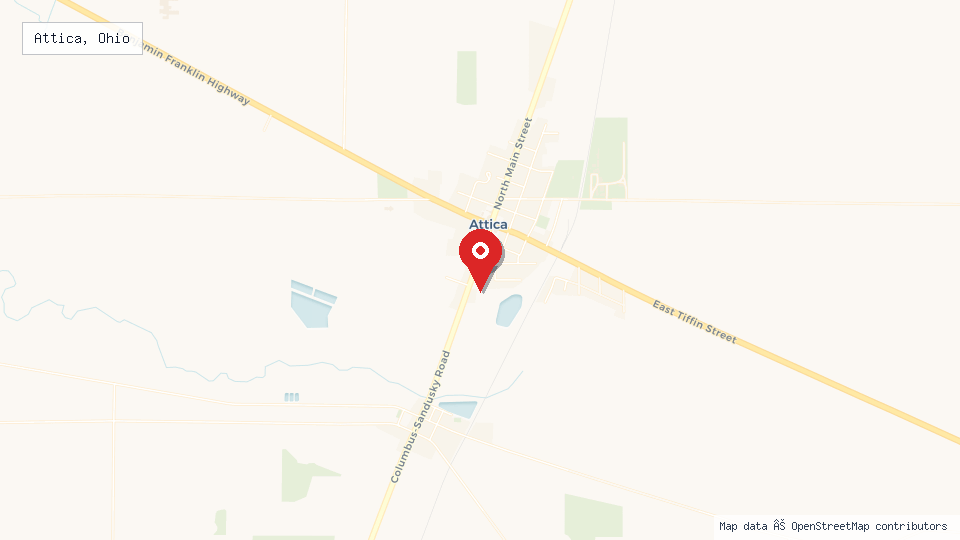 Street map of Attica, Ohio with location pin