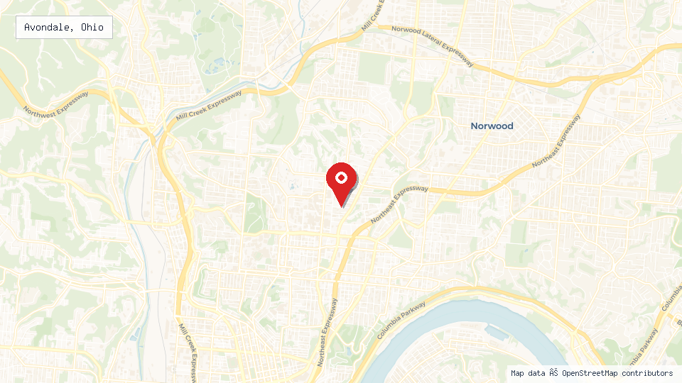 Street map of Avondale, Ohio with location pin