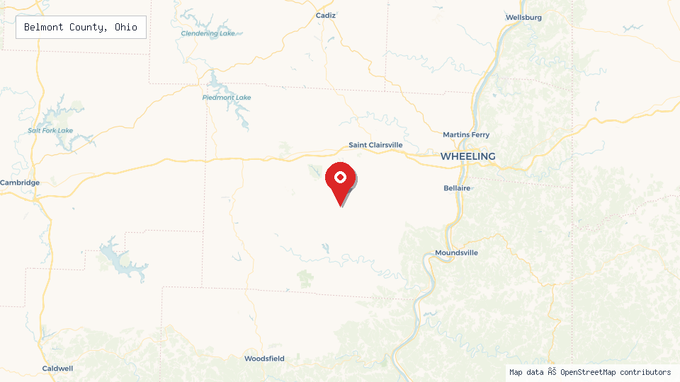 Street map of Belmont County, Ohio with location pin