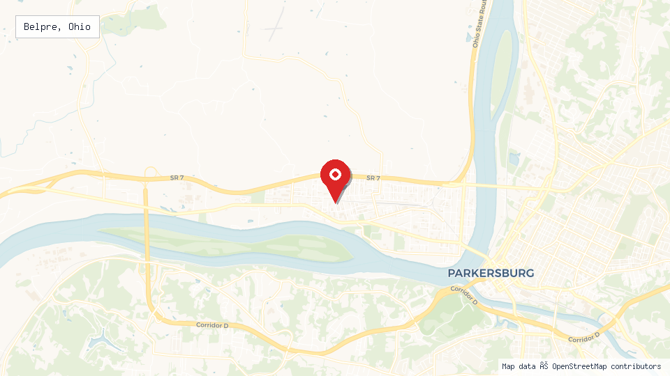 Street map of Belpre, Ohio with location pin