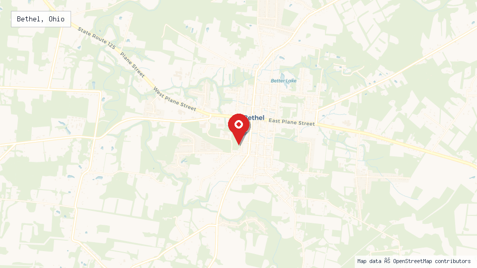 Street map of Bethel, Ohio with location pin