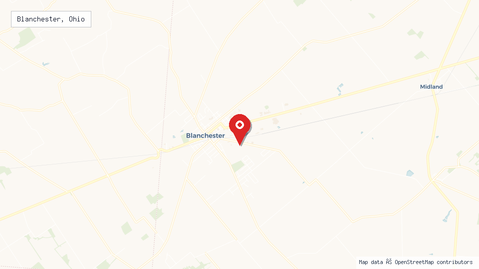 Street map of Blanchester, Ohio with location pin
