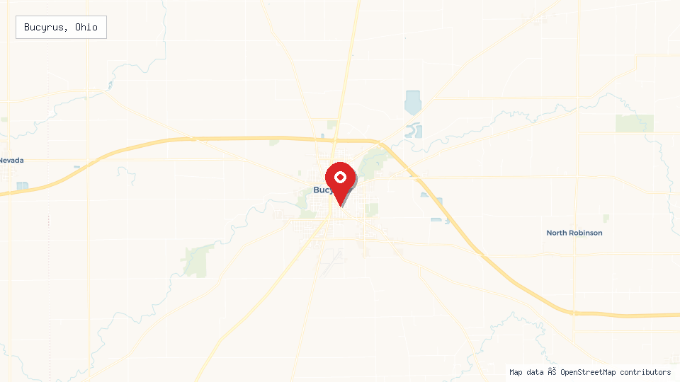 Street map of Bucyrus, Ohio with location pin