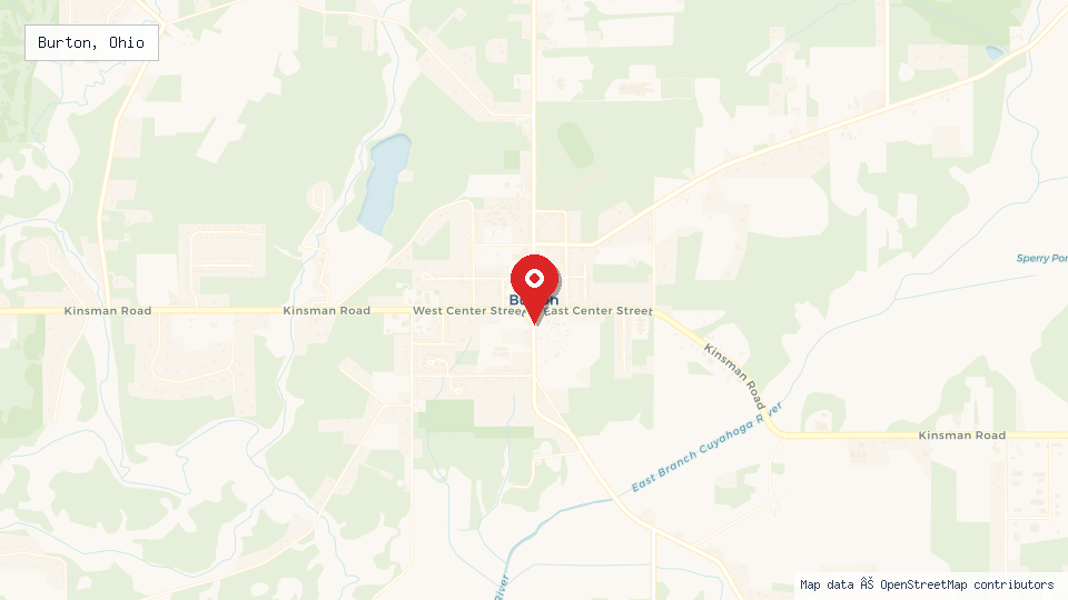 Street map of Burton, Ohio with location pin