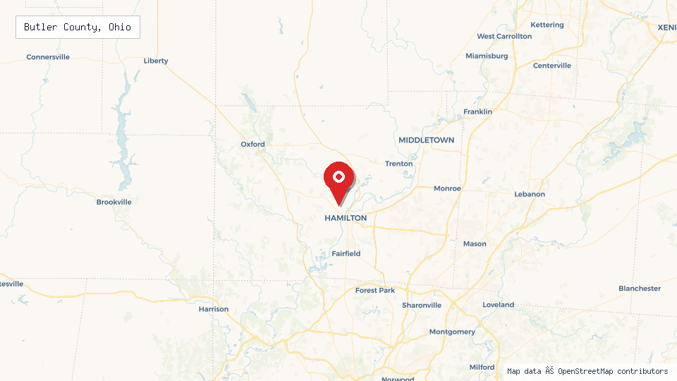 Street map of Butler County, Ohio with location pin