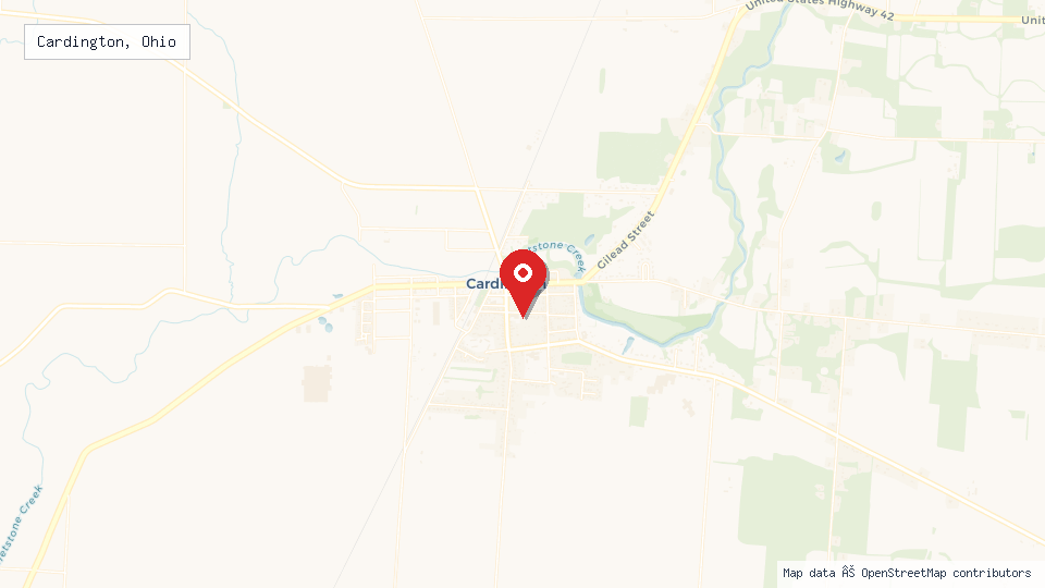 Street map of Cardington, Ohio with location pin