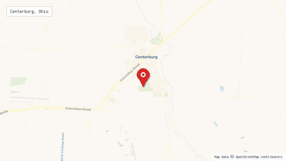 Street map of Centerburg, Ohio with location pin