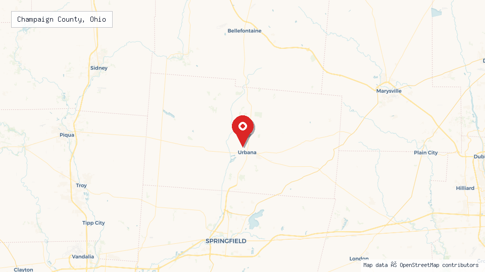 Street map of Champaign County, Ohio with location pin
