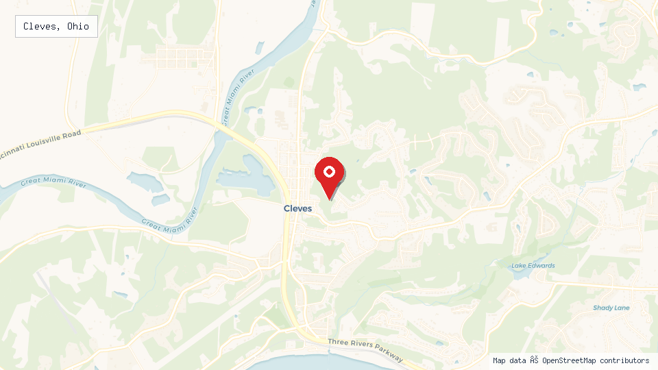 Street map of Cleves, Ohio with location pin