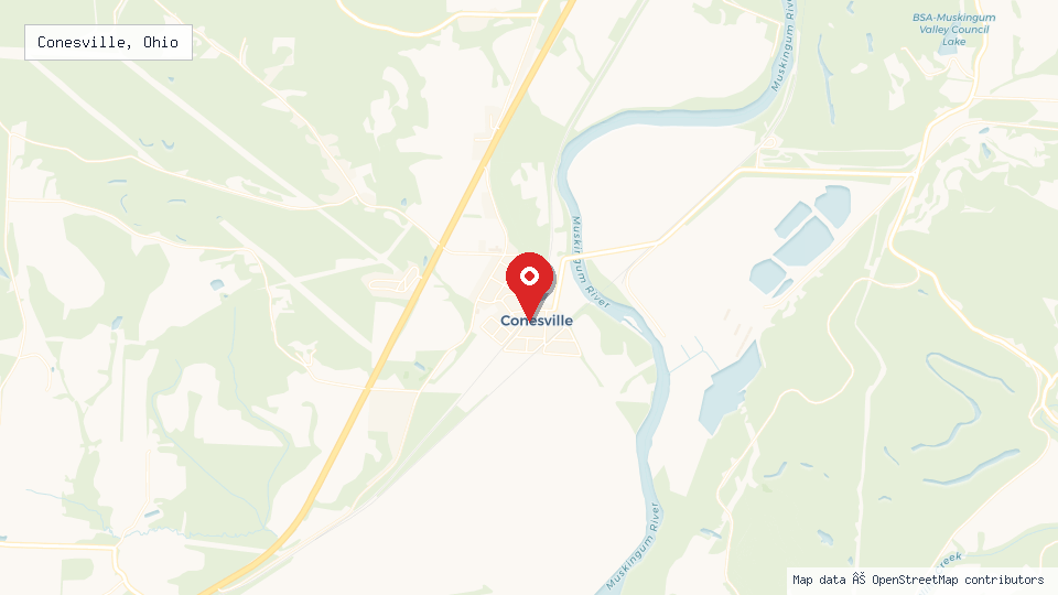 Street map of Conesville, Ohio with location pin