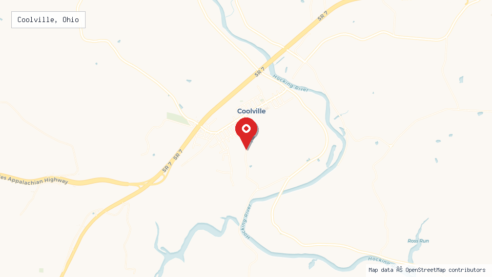 Street map of Coolville, Ohio with location pin