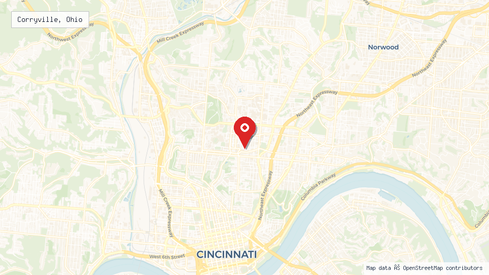 Street map of Corryville, Ohio with location pin