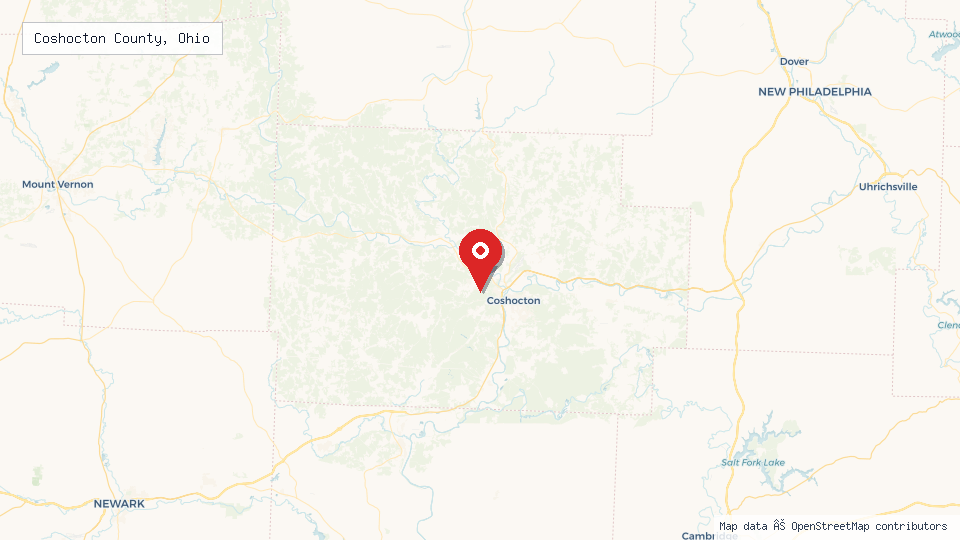 Street map of Coshocton County, Ohio with location pin