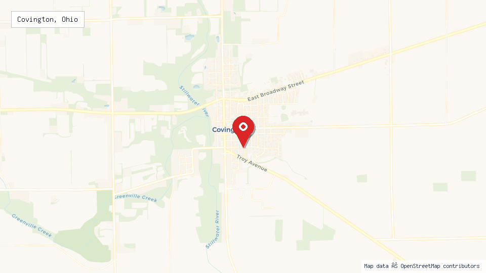 Street map of Covington, Ohio with location pin