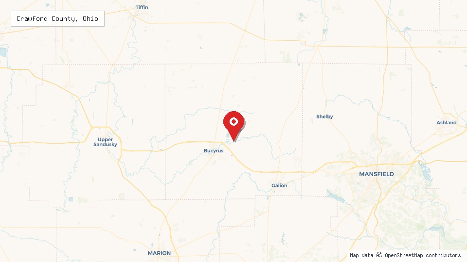 Street map of Crawford County, Ohio with location pin