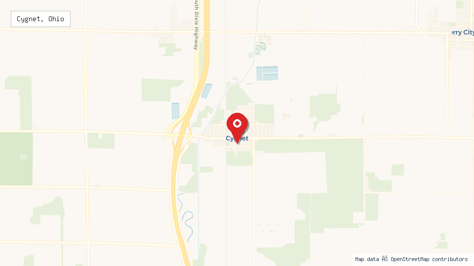 Street map of Cygnet, Ohio with location pin