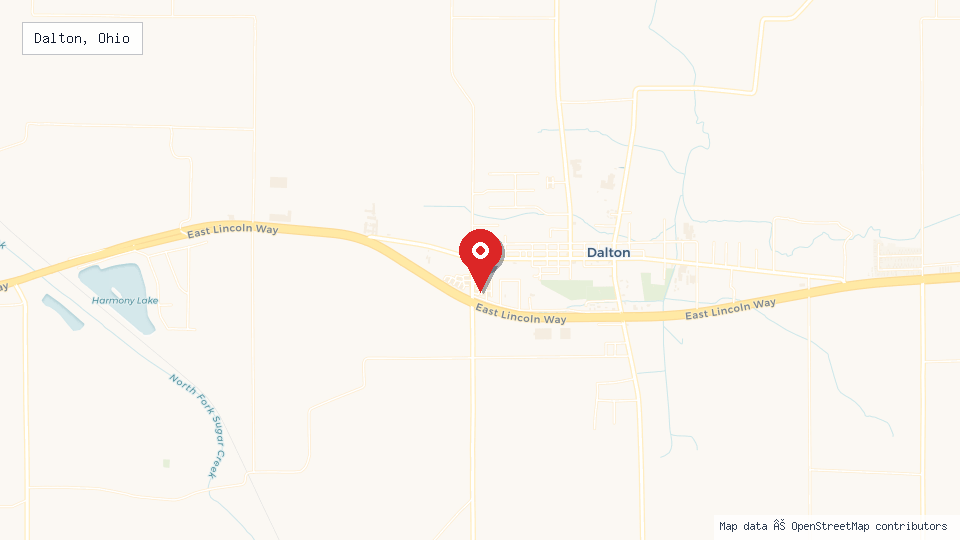 Street map of Dalton, Ohio with location pin
