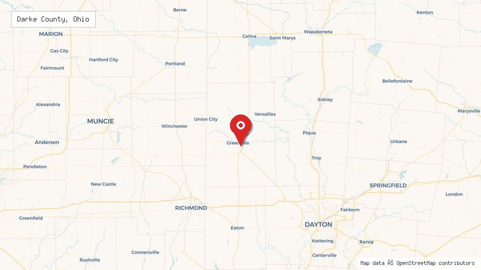 Street map of Darke County, Ohio with location pin