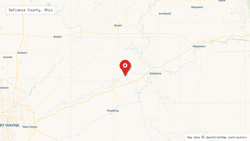 Street map of Defiance County, Ohio with location pin