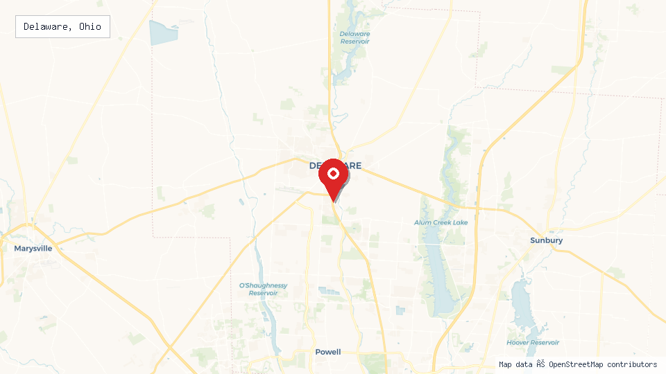 Street map of Delaware, Ohio with location pin