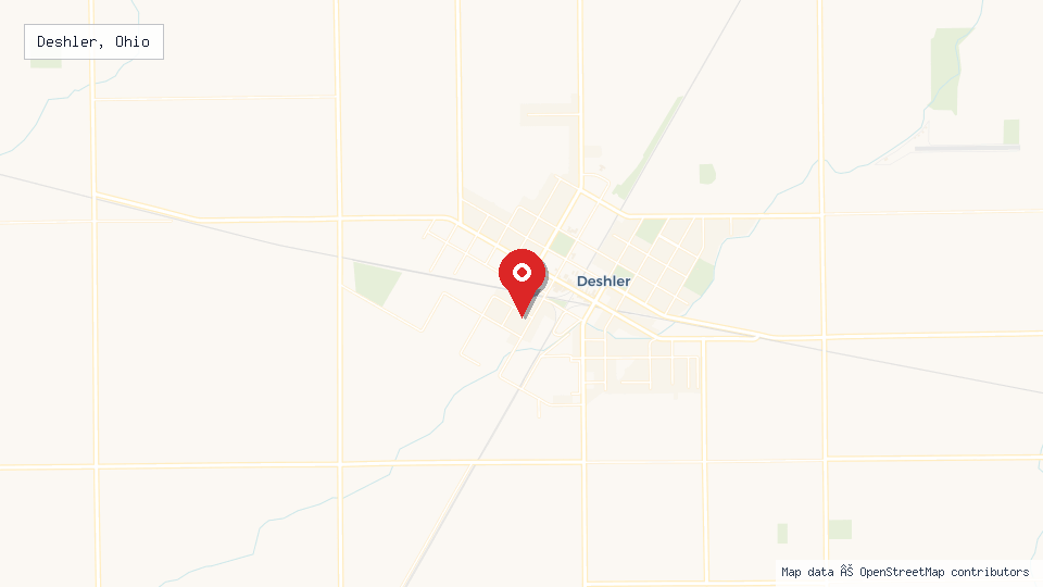 Street map of Deshler, Ohio with location pin