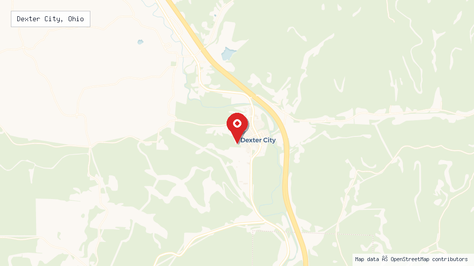 Street map of Dexter City, Ohio with location pin