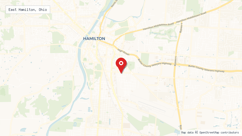 Street map of East Hamilton, Ohio with location pin