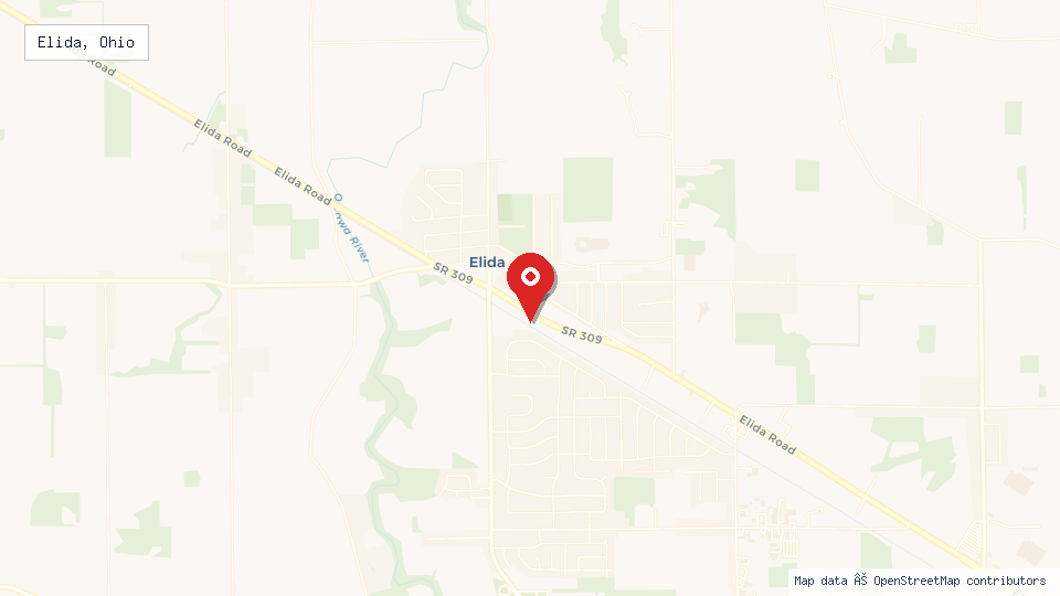 Street map of Elida, Ohio with location pin