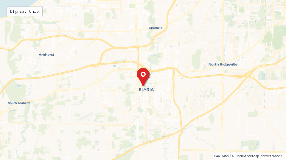 Street map of Elyria, Ohio with location pin
