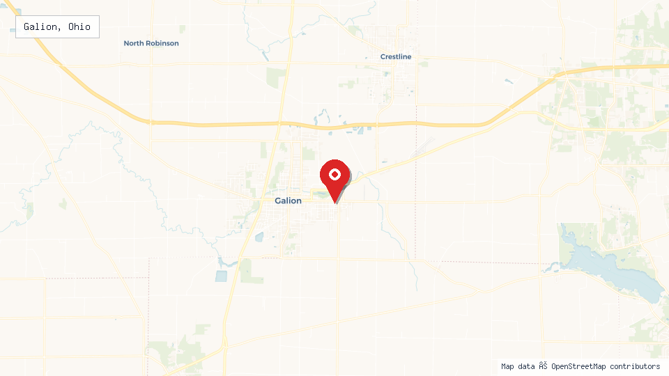Street map of Galion, Ohio with location pin