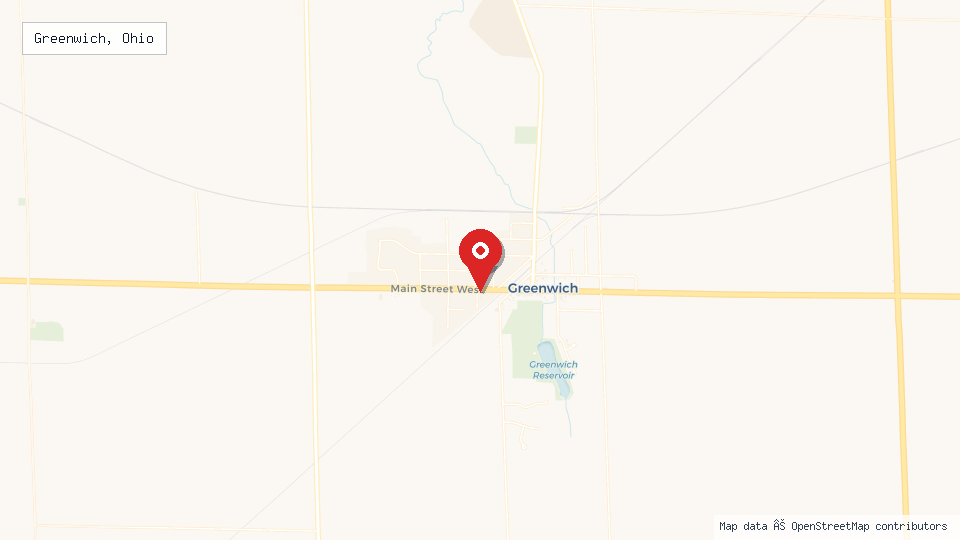 Street map of Greenwich, Ohio with location pin