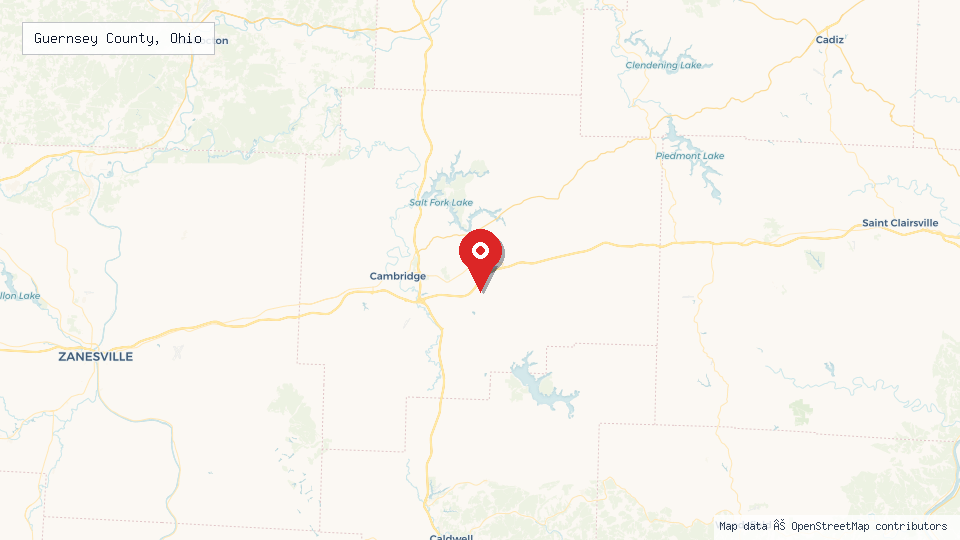 Street map of Guernsey County, Ohio with location pin