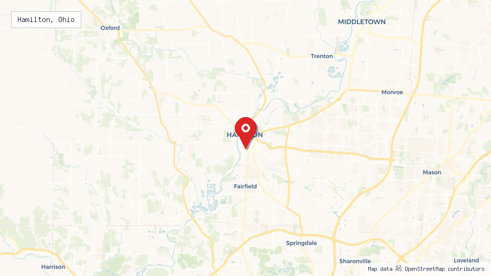 Street map of Hamilton, Ohio with location pin