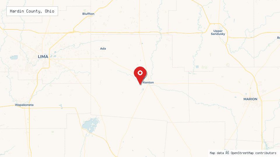 Street map of Hardin County, Ohio with location pin