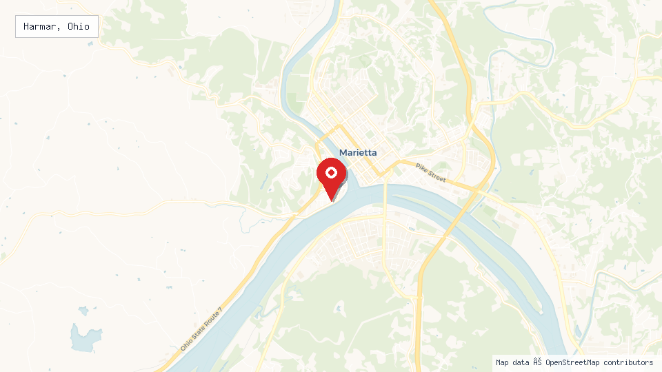 Street map of Harmar, Ohio with location pin