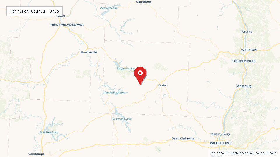 Street map of Harrison County, Ohio with location pin