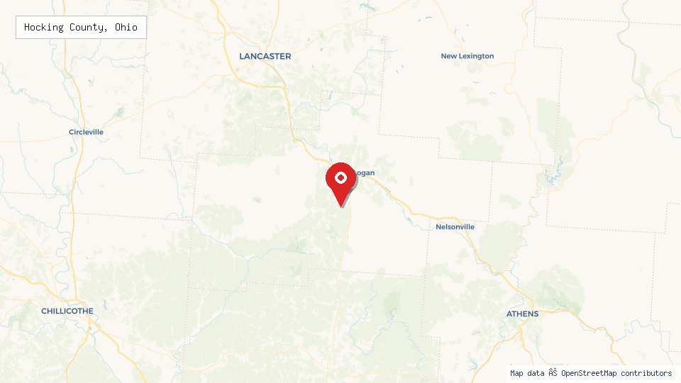 Street map of Hocking County, Ohio with location pin