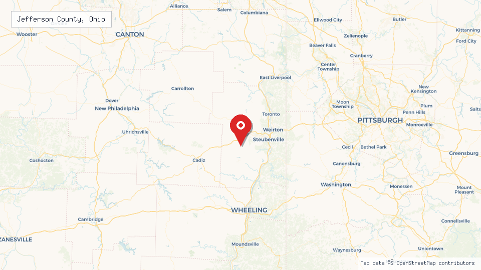 Street map of Jefferson County, Ohio with location pin