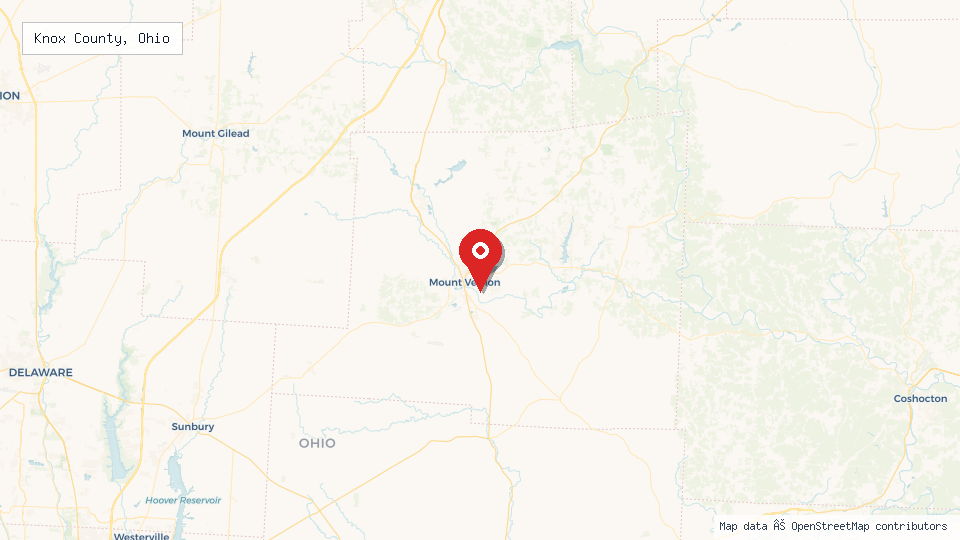 Street map of Knox County, Ohio with location pin