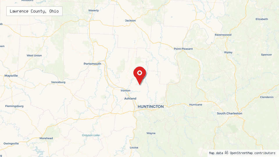 Street map of Lawrence County, Ohio with location pin